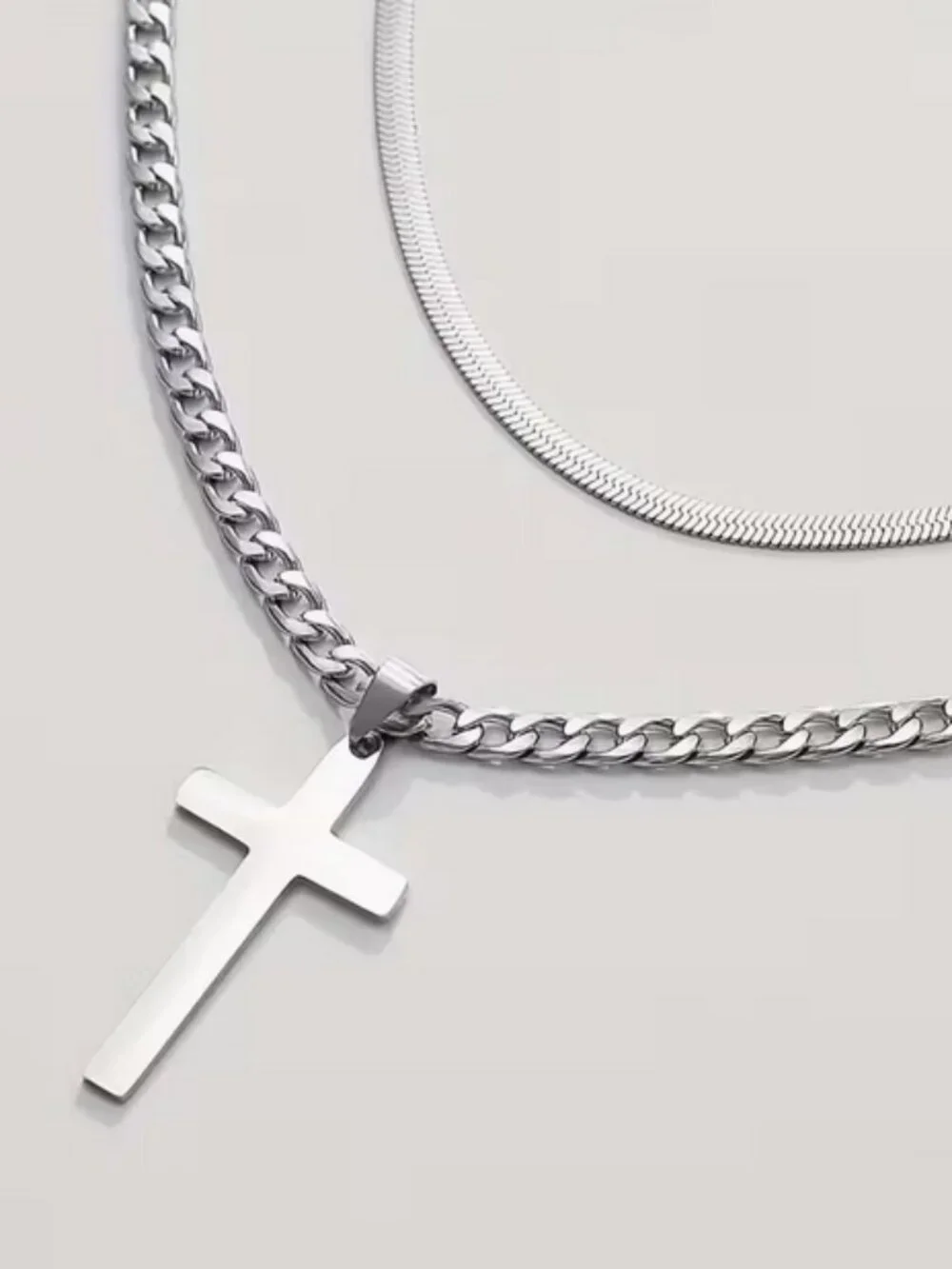 Two Chain Combo, One Chain with a Cross Pendant and an Additional Snake Chain